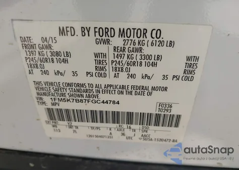 2015 Ford Explorer из США, поврежденный, VIN 1FM5K7B87FGC44784